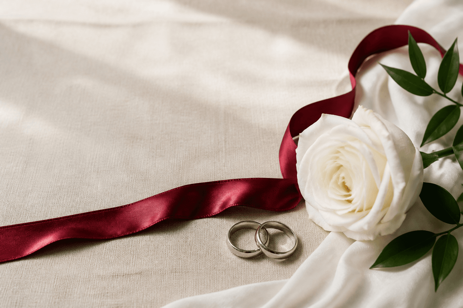 白玫瑰、红色缎带与一对婚戒